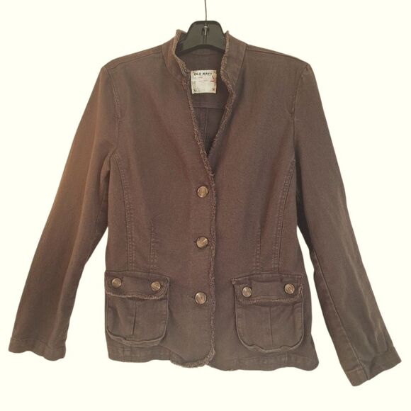 Old Navy Distressed Brown Linen Blend Jacket Blazer L Boho Grunge Y2K Preppy EUC - Picture 1 of 16